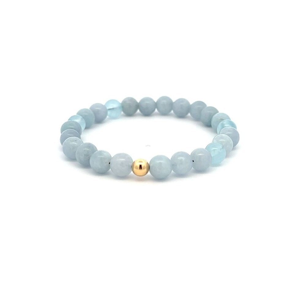 Natural Aquamarine 6mm Stretchable Bracelet 18k Gold Bead Charm